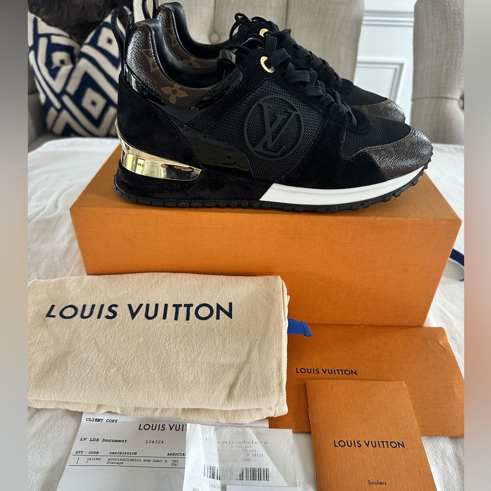 Louis Vuitton Black Suede & Monogram Low-Top Sneakers with Gold Accent